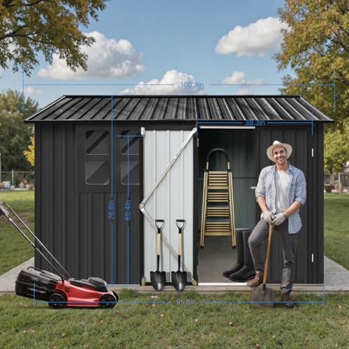 Grey Metal Outdoor Storage Shed with Windows and Lockable Doors L691825