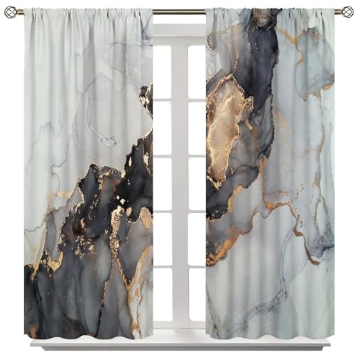 Navy Blue Gold Geometric Marble Curtains, 42x45 Inches Set 2 Panels H96711