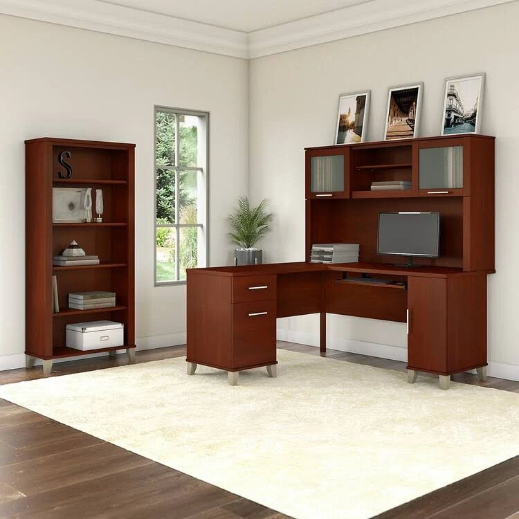 L-Shaped Desk with Hutch and 5-Shelf Bookcase R665