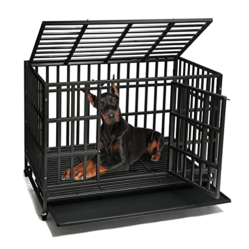 Heavy Duty Dog Kennel Crate Cage with Strong Metal Frame, Double Doors and Lockable Wheels, Square, 48 inch J6185