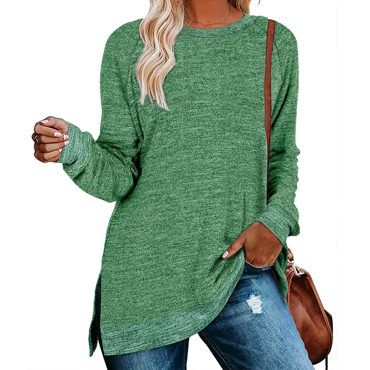 Green Long Sleeve Color Block Tunic Tops O609561
