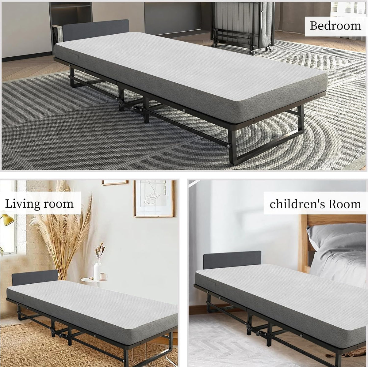 Folding Bed with 4-Inch Mattress, Metal Cot Size Rollaway Bed on Wheels V974384
