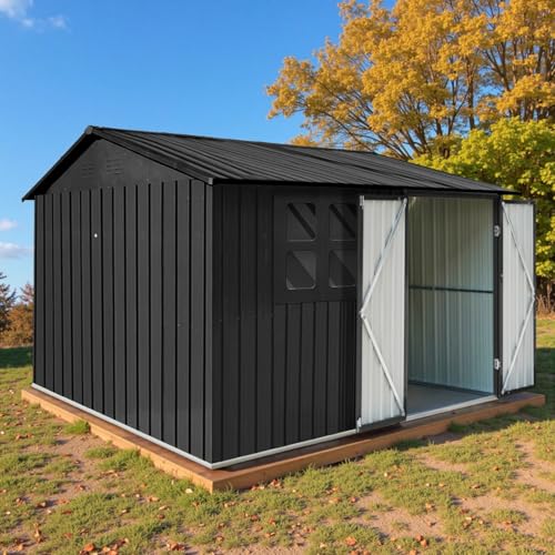 Grey Metal Outdoor Storage Shed with Windows and Lockable Doors L691825