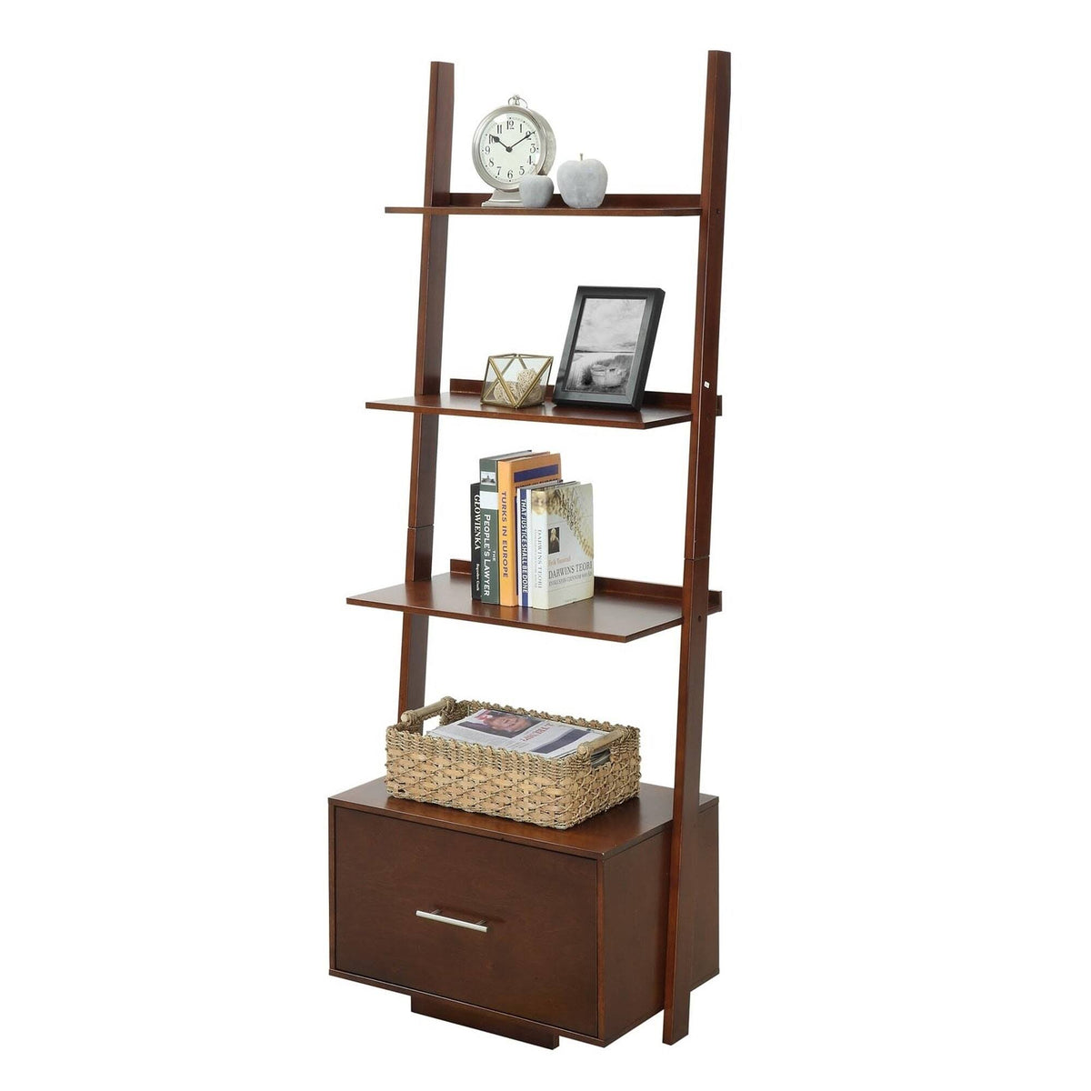 Espresso Ladder Bookcase with File Drawer Q525