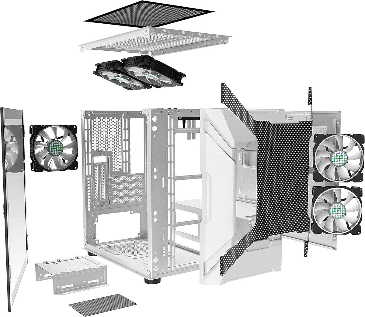 White Mesh Mid Tower PC Case with 5 ARGB Fans and Tempered Glass Panel A818