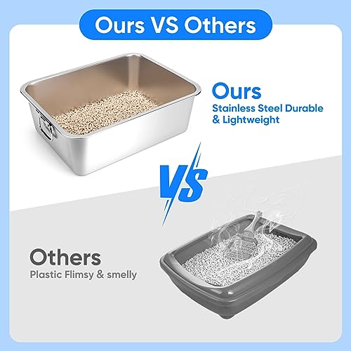 Stainless Steel Litter Box with Handle, 17.5" L x 13.5" W x 6" H, Non Stick Smooth Surface P488