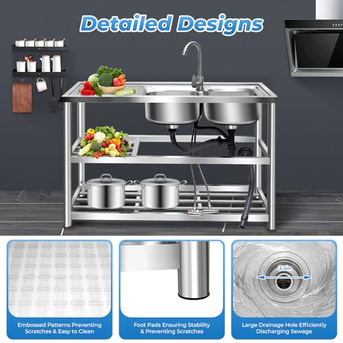 2 Compartment Stainless Steel Commercial Kitchen Utility Sink with Prep Counter V4486
