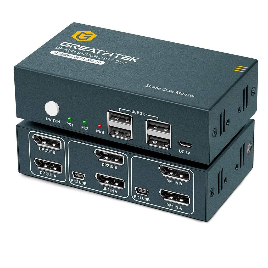 KVM Switch DP Displayport Dual Monitor 2 Port 4 USB 2.0 Hub 4K@60Hz G45173
