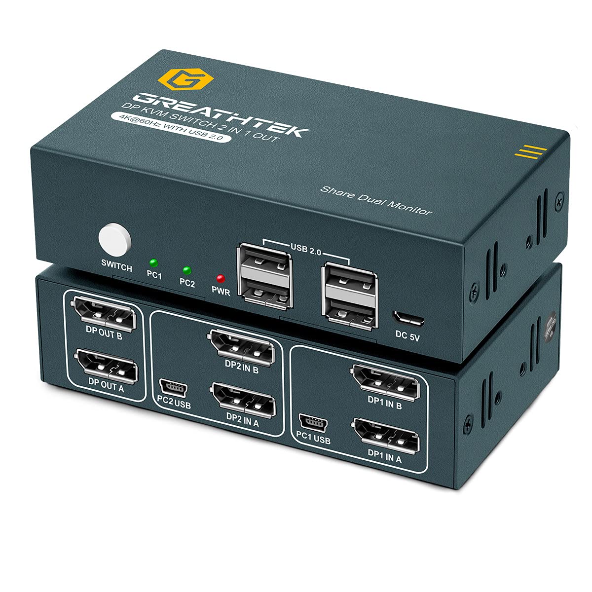 KVM Switch DP Displayport Dual Monitor 2 Port 4 USB 2.0 Hub 4K@60Hz G45173