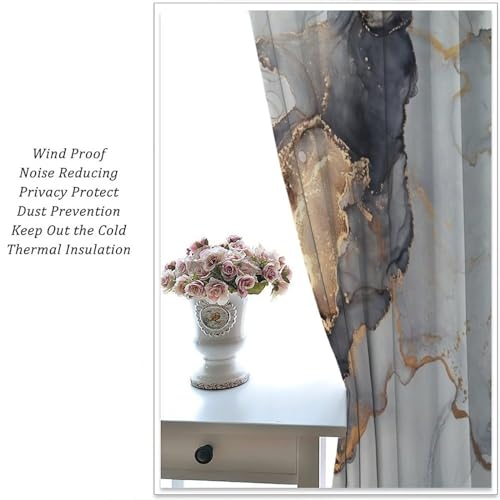 Navy Blue Gold Geometric Marble Curtains, 42x45 Inches Set 2 Panels H96711
