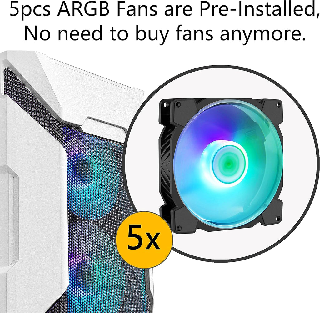 White Mesh Mid Tower PC Case with 5 ARGB Fans and Tempered Glass Panel A818