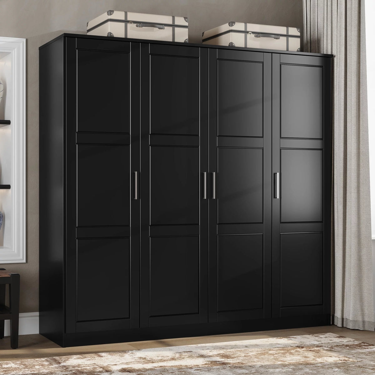 100% Solid Wood 4-Door Wardrobe Black U654463