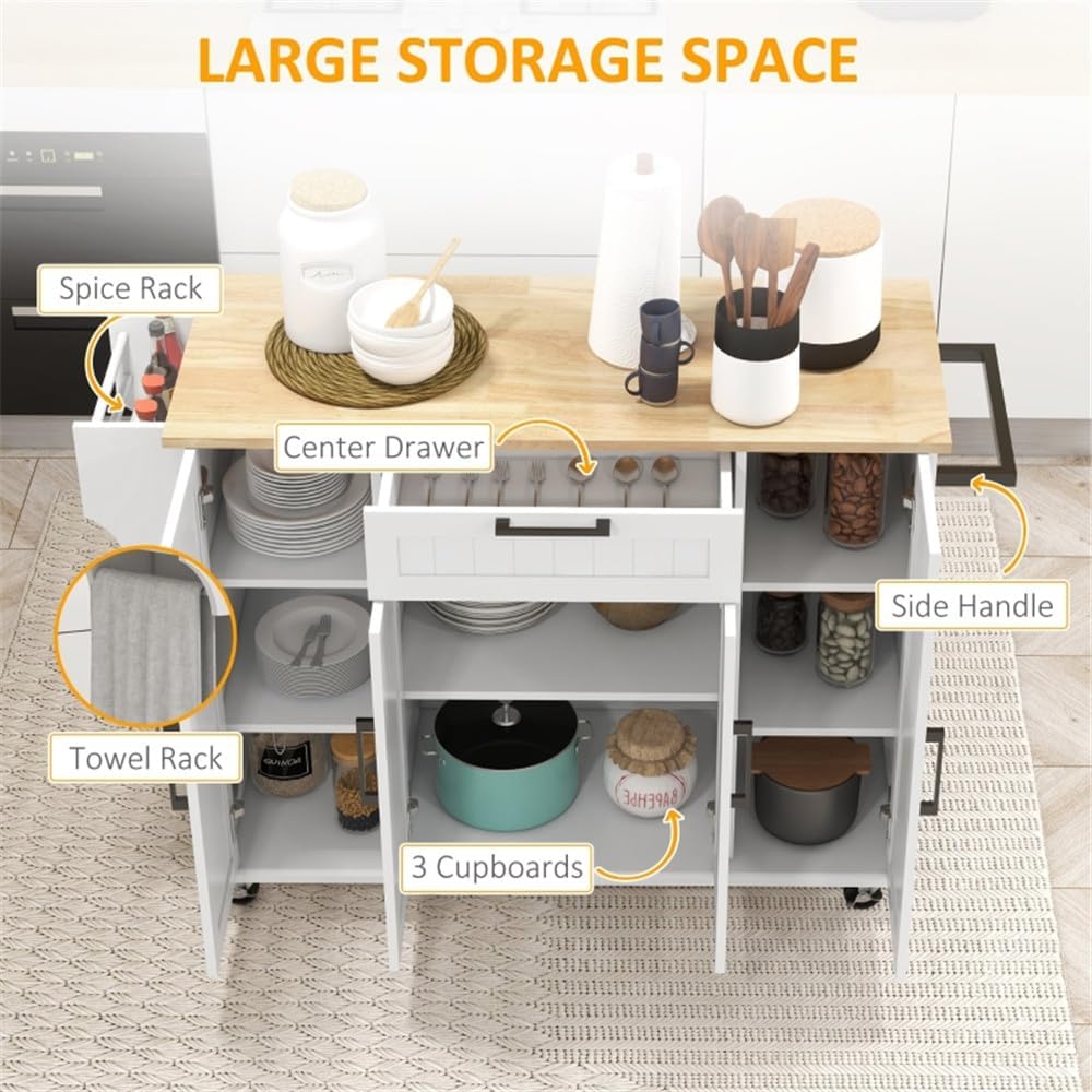 White Rolling Kitchen Island with Solid Wood Drop Leaf U50039