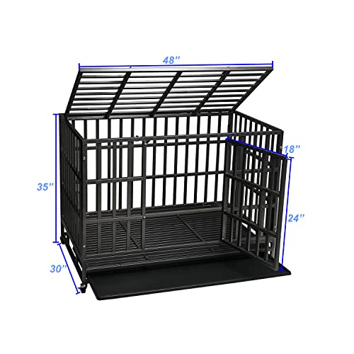Heavy Duty Dog Kennel Crate Cage with Strong Metal Frame, Double Doors and Lockable Wheels, Square, 48 inch J6185