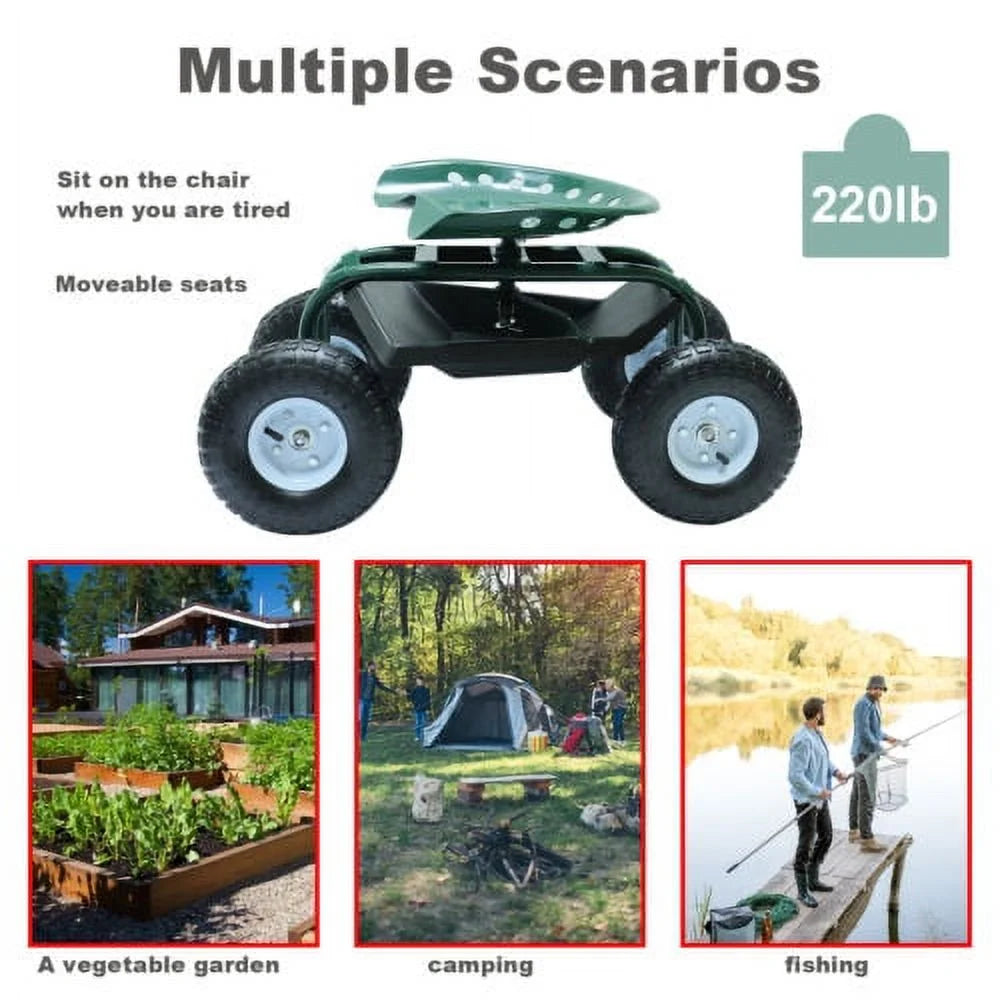 Green Metal Rolling Garden Seat Cart with 4 Wheels P541