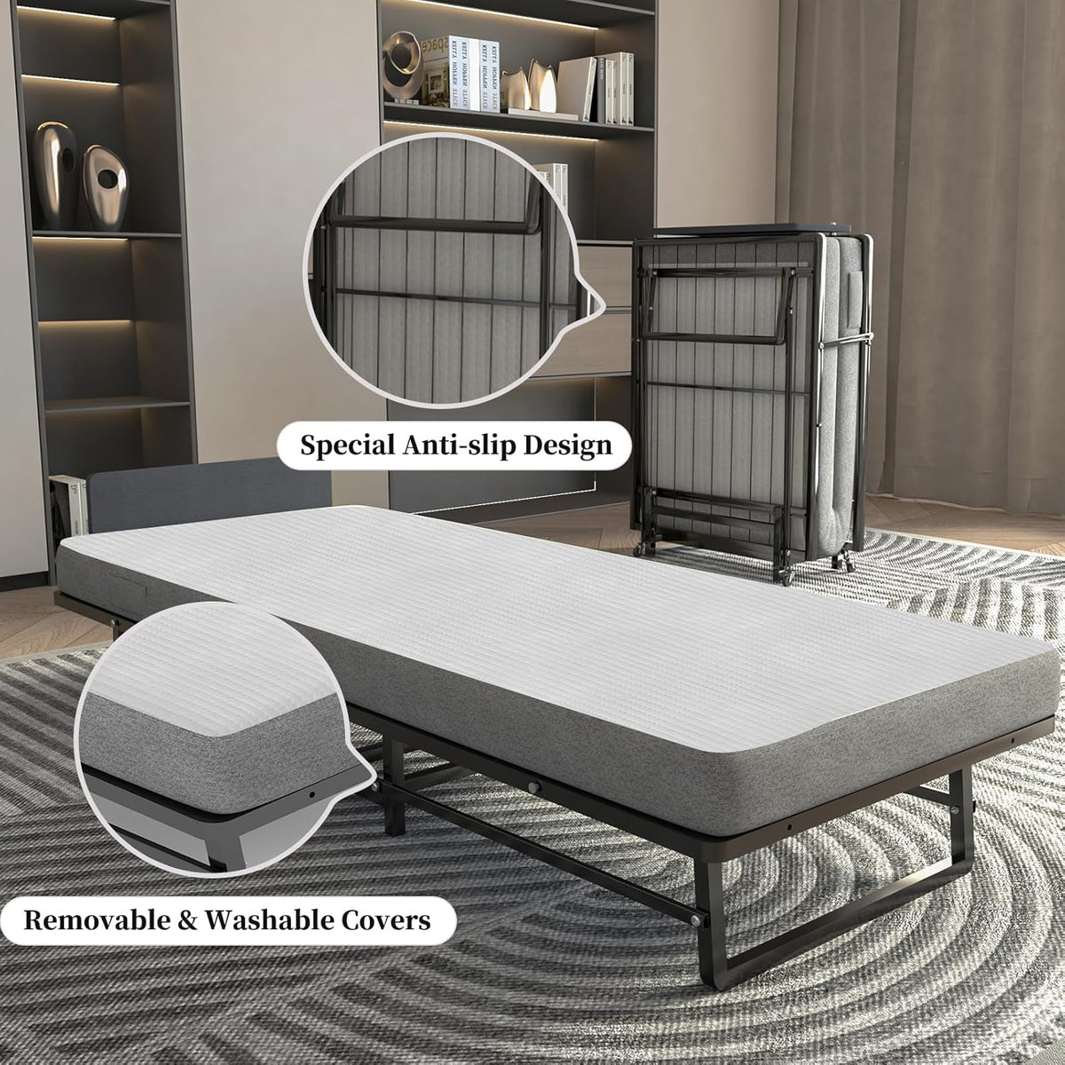 Folding Bed with 4-Inch Mattress, Metal Cot Size Rollaway Bed on Wheels V974384