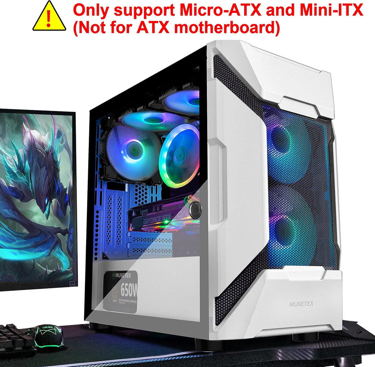 White Mesh Mid Tower PC Case with 5 ARGB Fans and Tempered Glass Panel A818