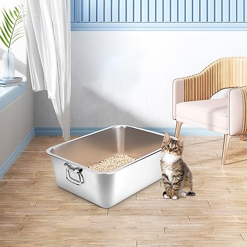 Stainless Steel Litter Box with Handle, 17.5" L x 13.5" W x 6" H, Non Stick Smooth Surface P488