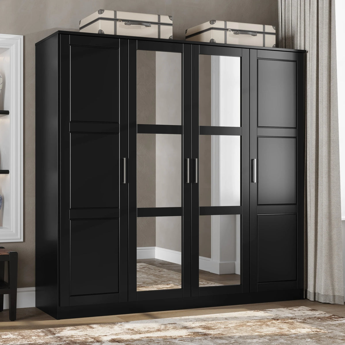 100% Solid Wood 4-Door Wardrobe Black U654463