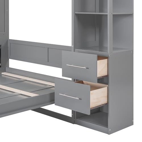 Gray Queen Size Wood Wall Bed with Shelves and Drawers T18941