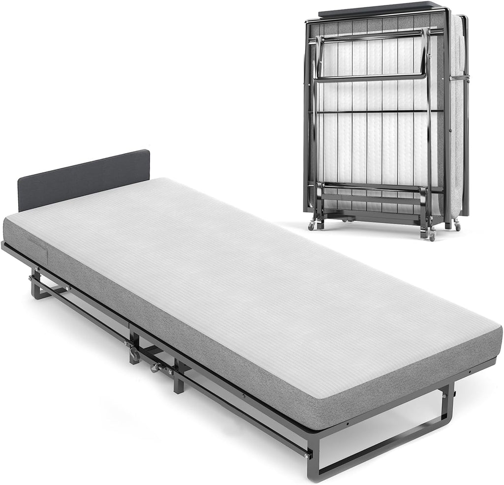 Folding Bed with 4-Inch Mattress, Metal Cot Size Rollaway Bed on Wheels V974384