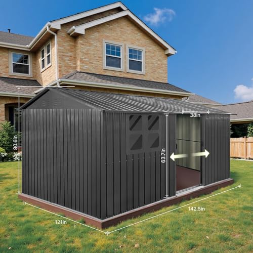 Grey Metal Outdoor Storage Shed with Windows and Lockable Doors L691825
