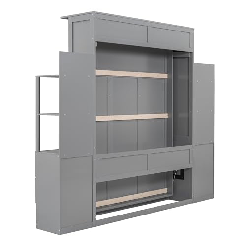 Gray Queen Size Wood Wall Bed with Shelves and Drawers T18941