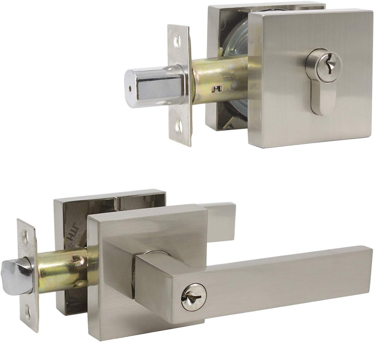 Satin Nickel Square Entry Levers Locksets and Single Cylinder Deadbolts Combination Set, 3 Pack Keyed Alike R2577