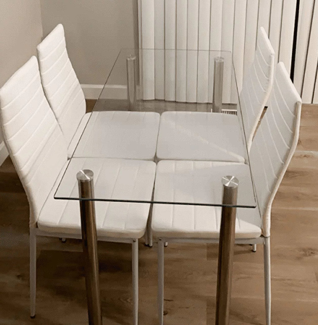5 Piece Glass Top Dining Table Set with 4 White PU Leather Chairs J5392