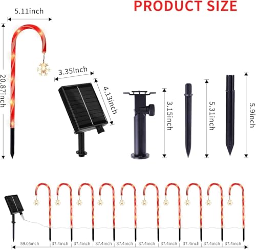 10 Pack Solar Christmas Candy Cane Lights D3064