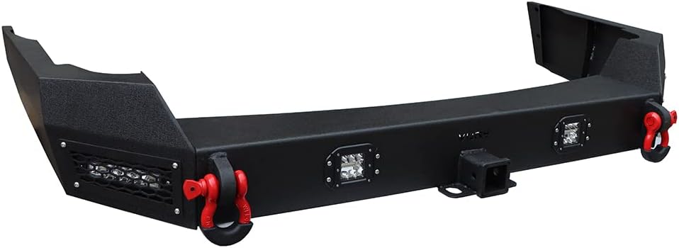 Textured Black Steel Rear Bumper with Spare Tire Rack and 2'' Hitch Receiver V388