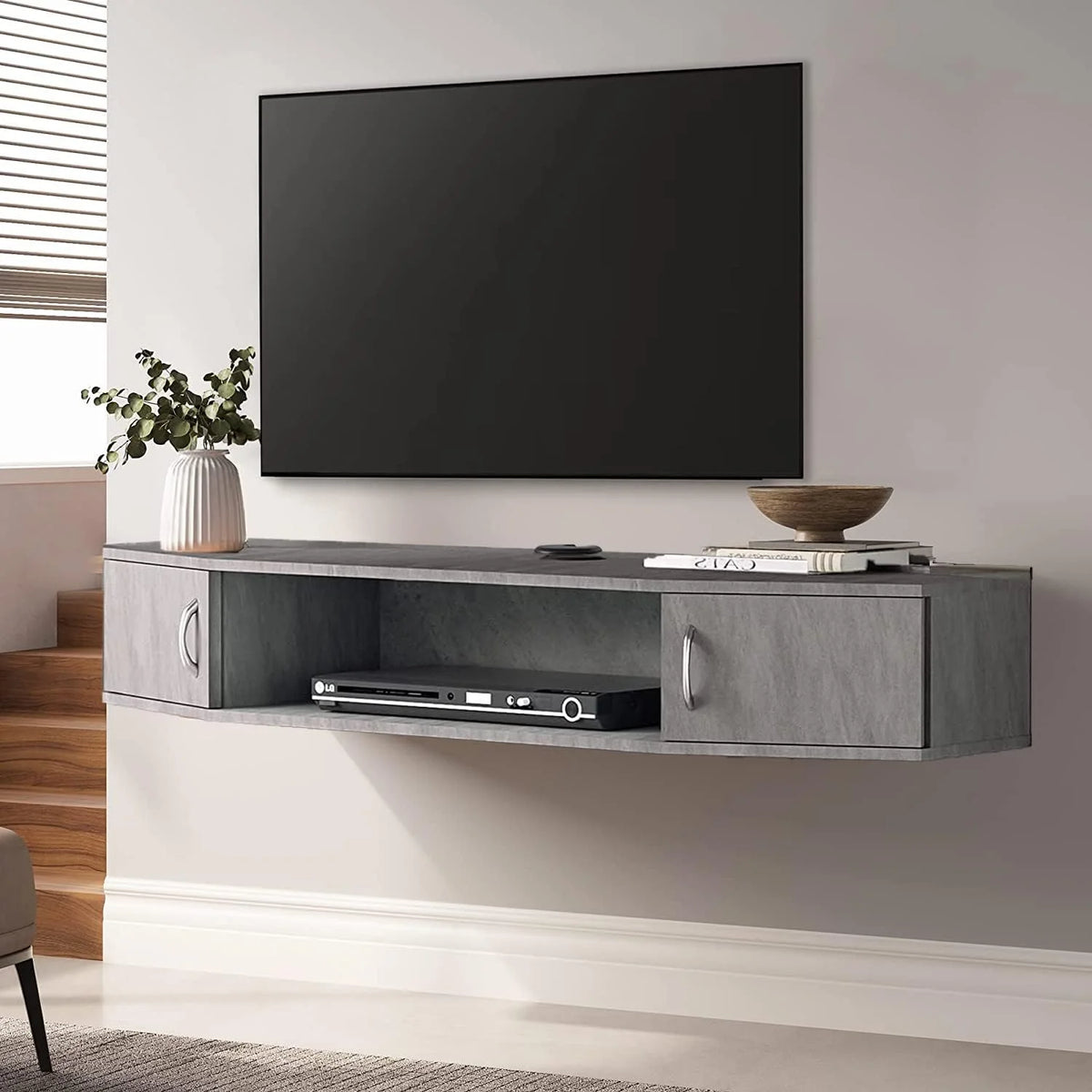 Black Walnut Floating TV Stand with Doors W2058