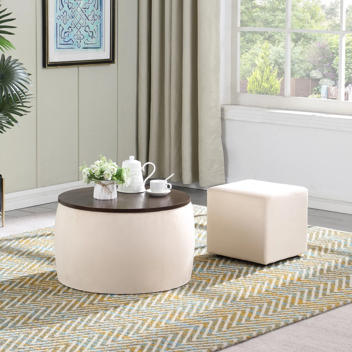 Modern Round Coffee Table and Ottoman Set with Storage O4847