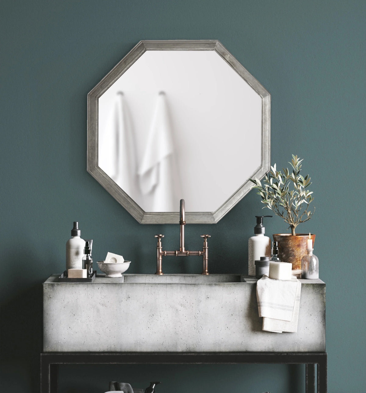 Vintage Galvanized Metal Octagon Wall Mirror, 26 x 26, Silver W3148