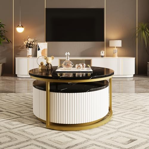 Round Nesting Coffee Table Set of 2 with Storage Drawer White R252238