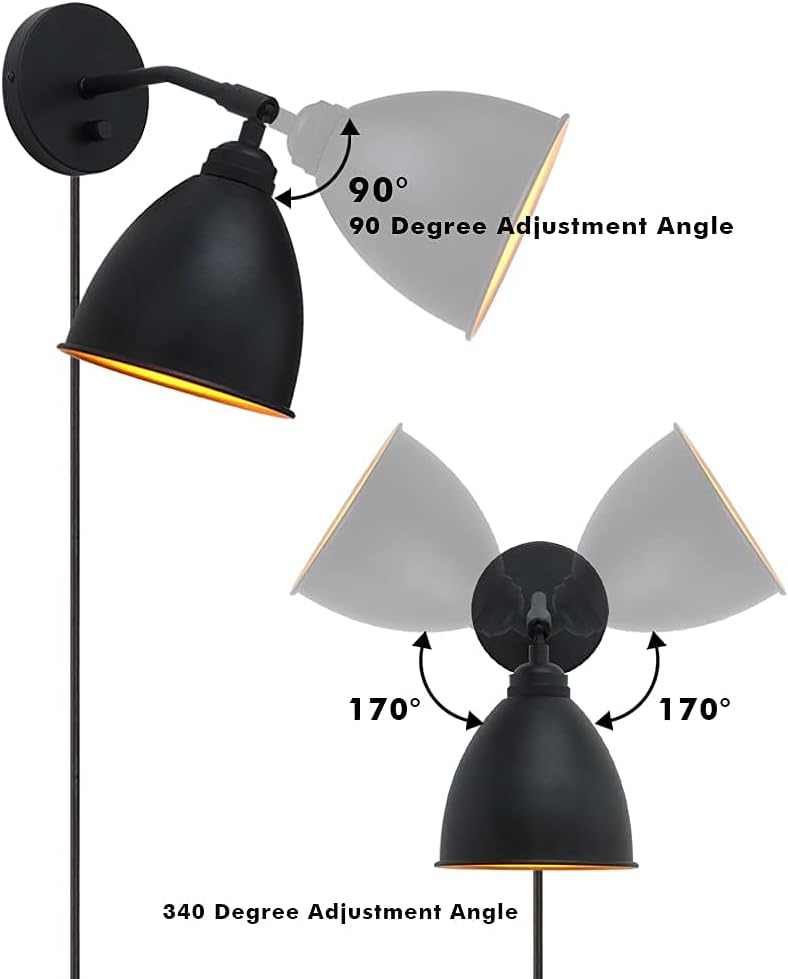 Vintage Plug in Wall Sconce, 1-Light Dimmable Industrial Metal Fixture Lamp with 6.1 Oval Black Metal Shade and 4.7 Black Canopy Z55581