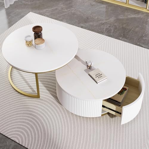 Round Nesting Coffee Table Set of 2 with Storage Drawer White R252238