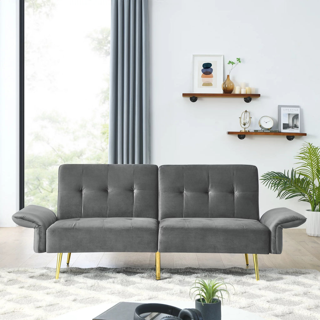 78" Grey Velvet Futon Sofa Bed Convertible Sleeper Loveseat Y668