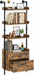 Industrial Bookshelf with 2 Wood Drawers, 4-Tier, Rustic Brown P198