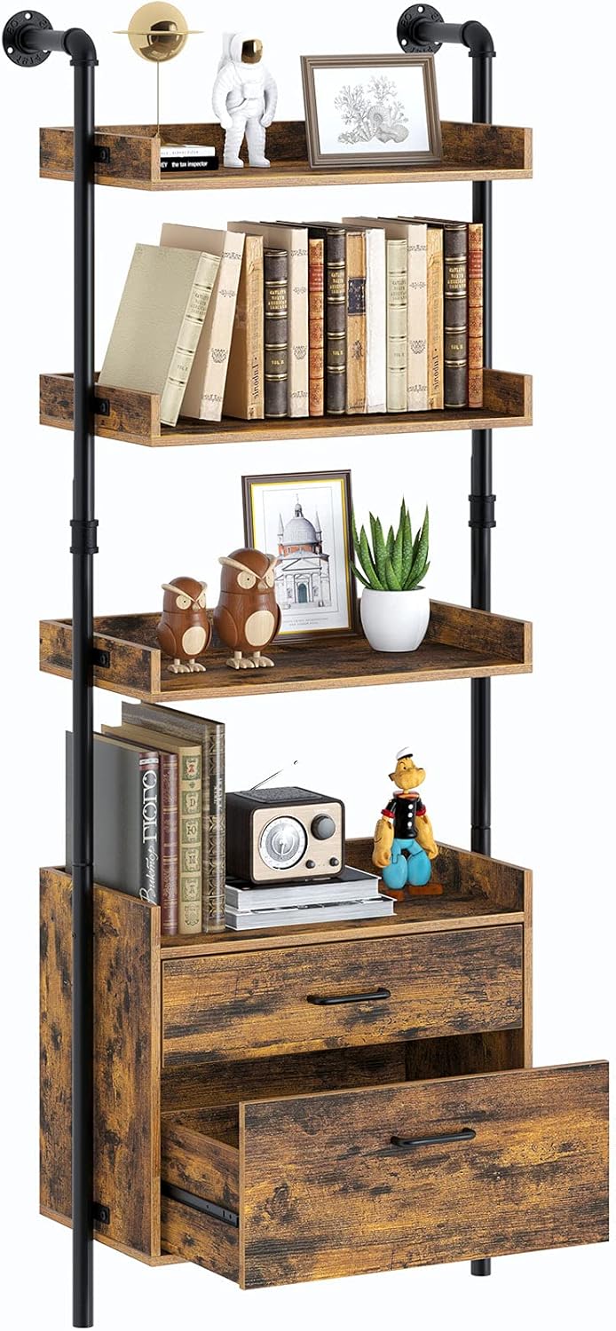 Industrial Bookshelf with 2 Wood Drawers, 4-Tier, Rustic Brown P198