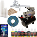Dual Fan Air Storage Tank Compressor Kit with Gravity Feed Airbrush 6 Color Acrylic Paint Set Y57599