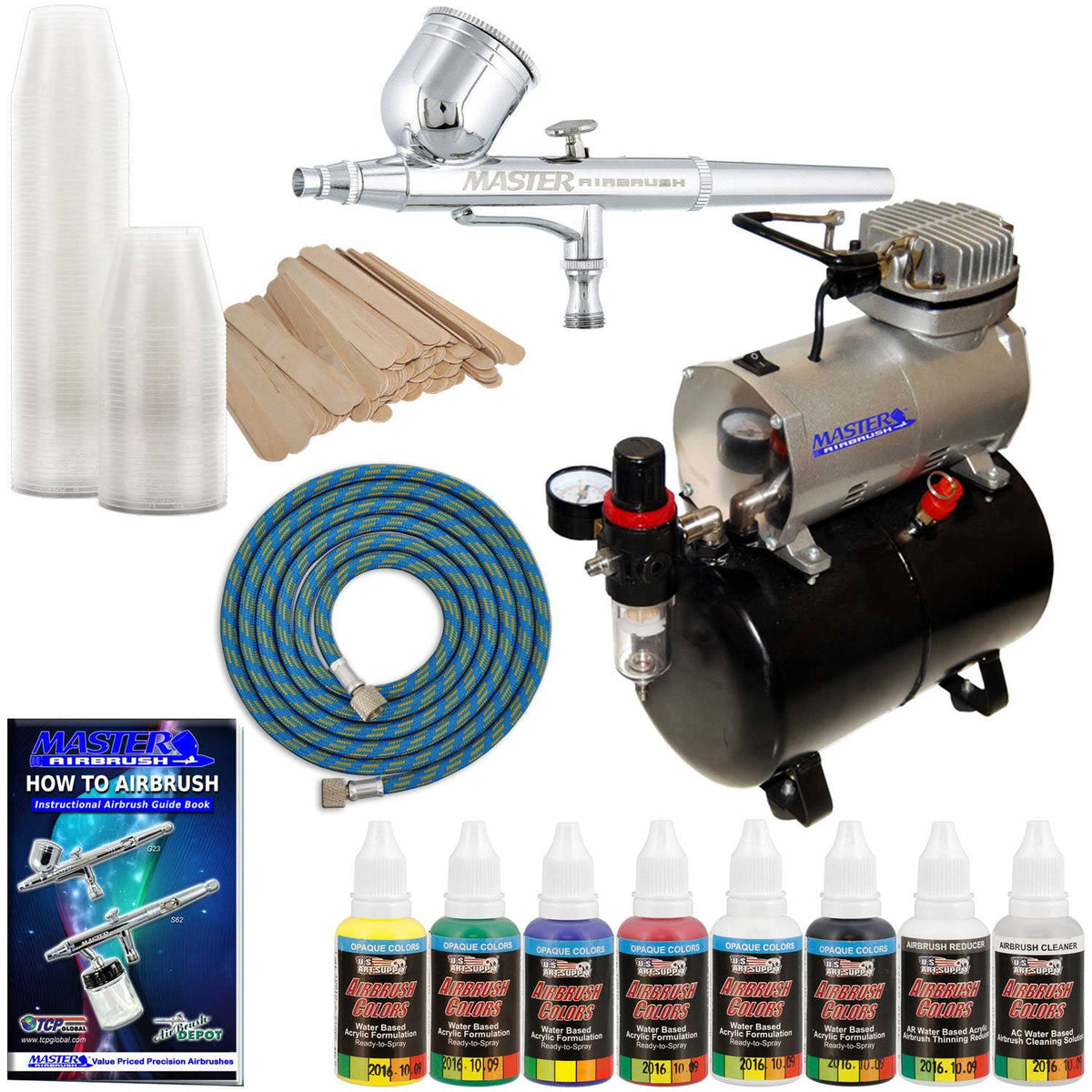 Dual Fan Air Storage Tank Compressor Kit with Gravity Feed Airbrush 6 Color Acrylic Paint Set Y57599