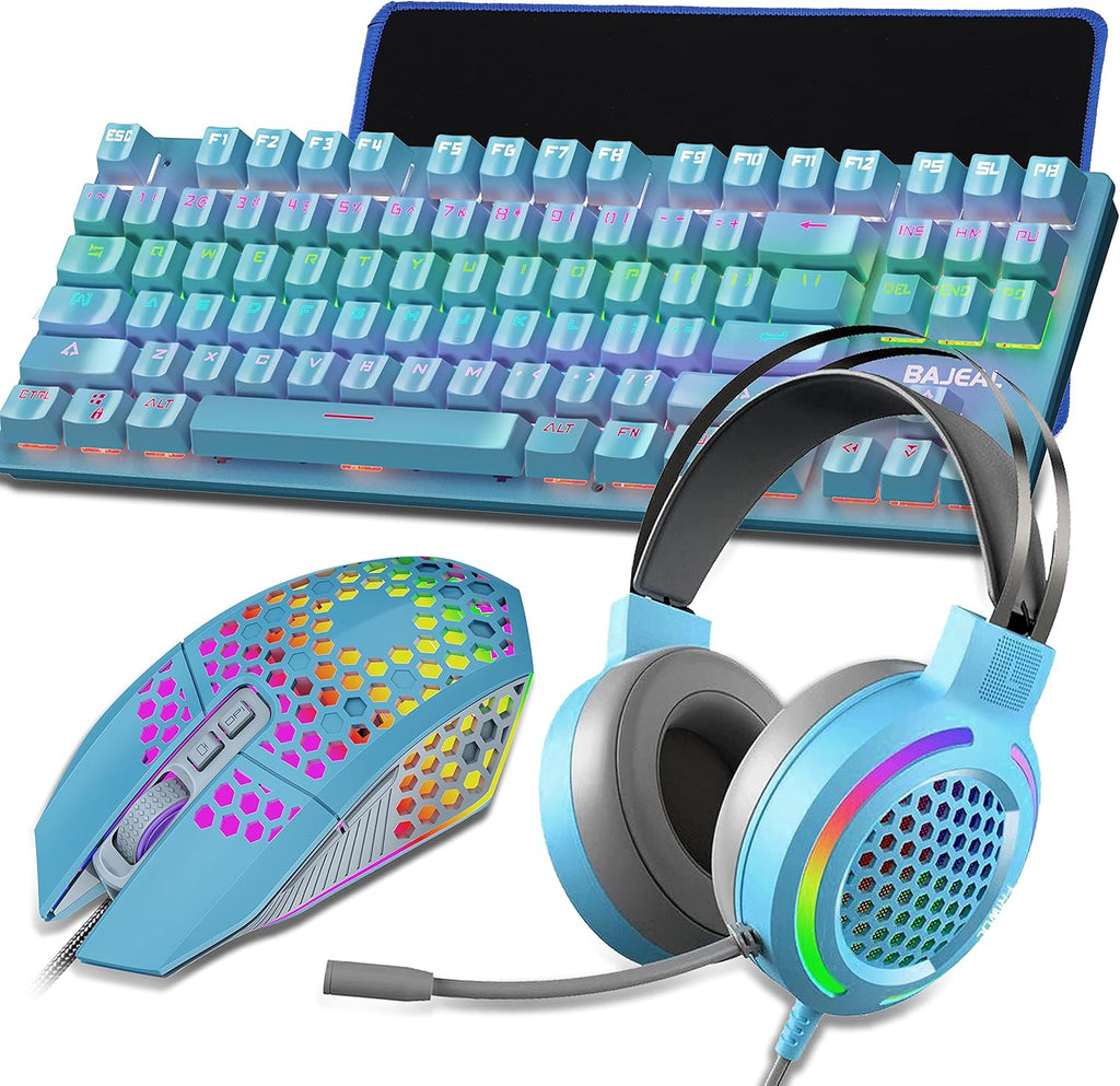 Gaming Mechanical Keyboard and Mouse Headset Mousepad Combo, 4 in 1, RGB Backlit Green axis, Wired, 8000 DPI, USB 7.1 Surround Sound Headphone with Mic, Black, Pack of 2 U9581