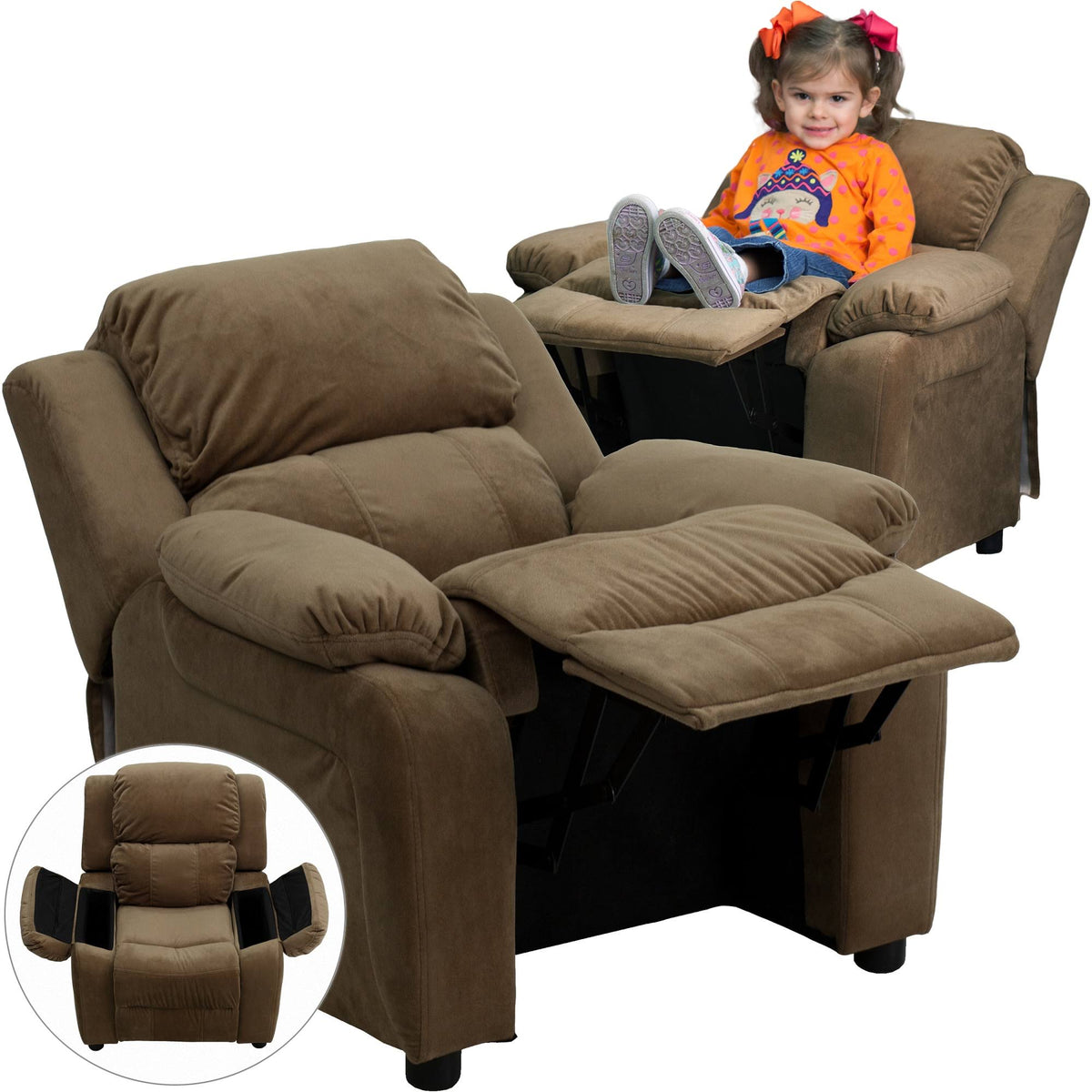 Brown Padded Kids Recliner with Flip-Up Storage Arms U9831