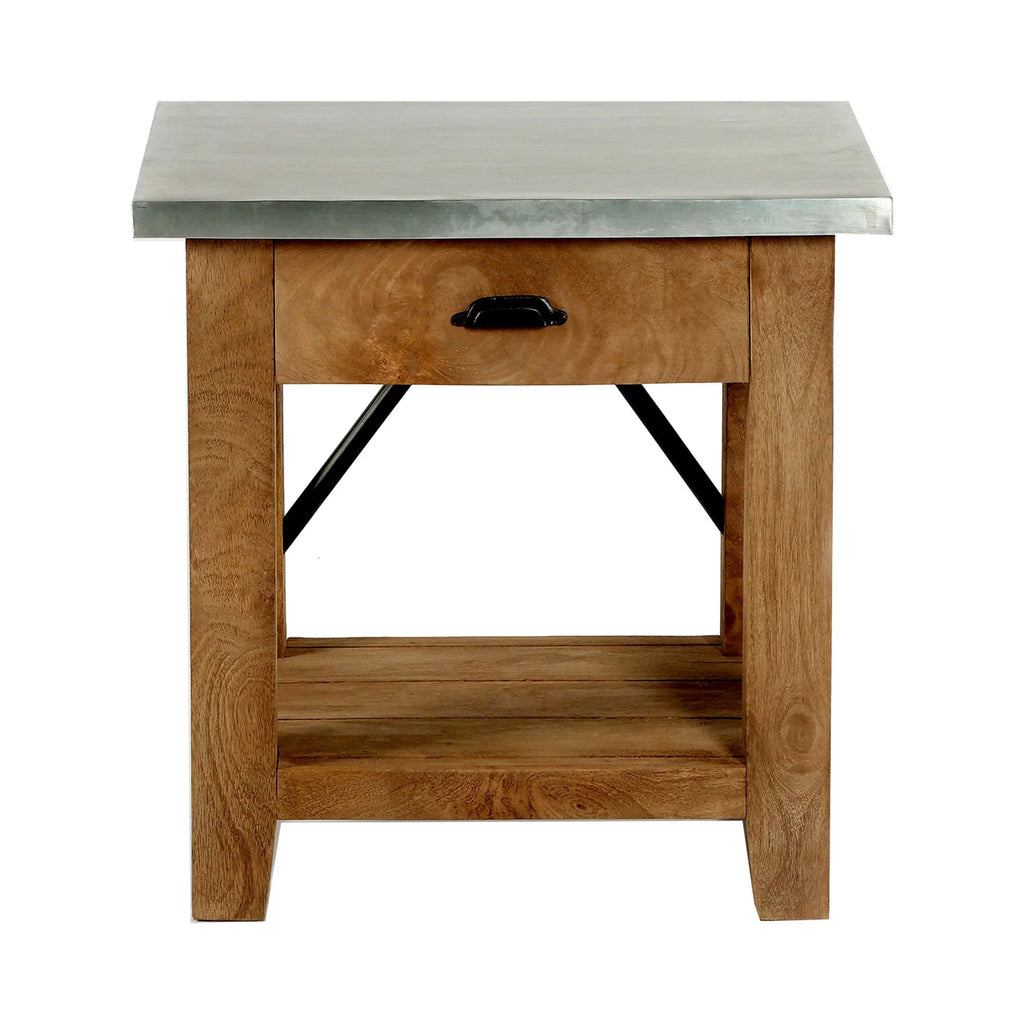 22" Wood and Zinc Metal End Table with Drawer I4385