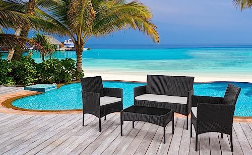 4 Piece Wicker Patio Conversation Furniture Set with Tempered Glass Coffee Table Y143895