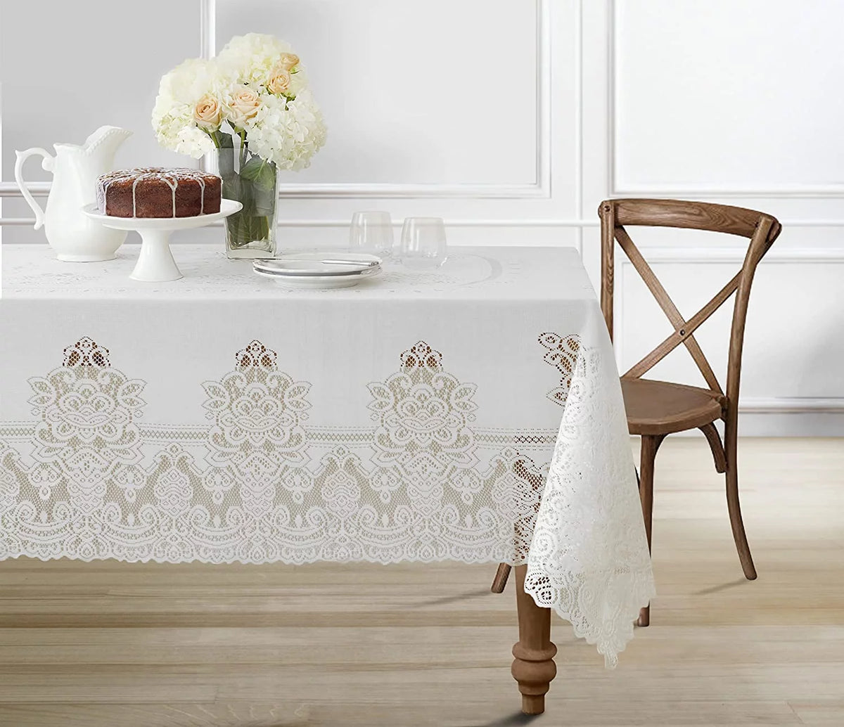 White Polyester Lace Tablecloth 52 x 70 Inch L96538