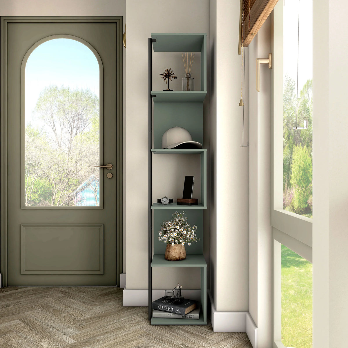 5-Tier Corner Bookcase Sage Green Book Shelf Stand O6991