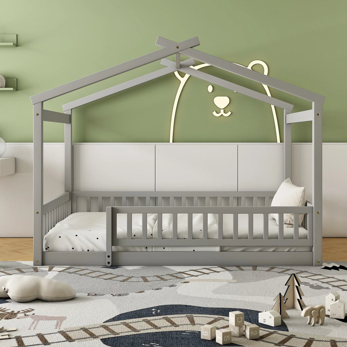 Full Size Wood Floor Bed Frame with Fence Guardrails and House Roof W677438