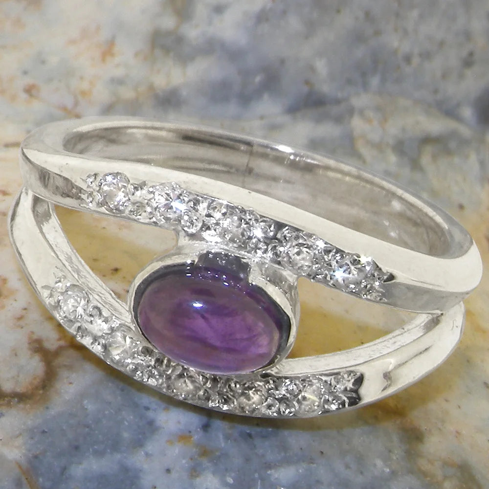 14k White Gold Natural Amethyst & Diamond Band Ring E9045